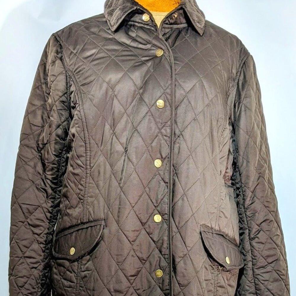 Jones New York Casual Brown/Gold Womens Faux Fur lined Quilted Jacket Coat LARGE